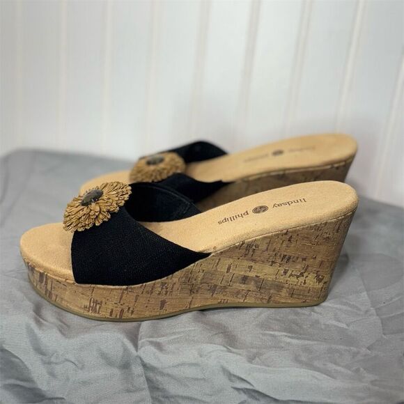 New Lindsay Phillips black wedge sandals 7.5 floral cork heels retro boho glam - Picture 4 of 8
